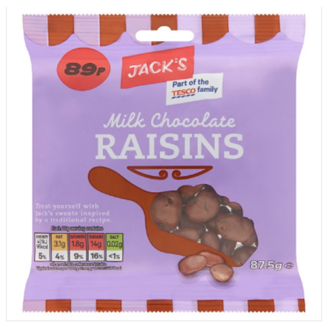 Buy Jack's Milk Chocolate Raisins 87.5g x Case of 12 London Grocery