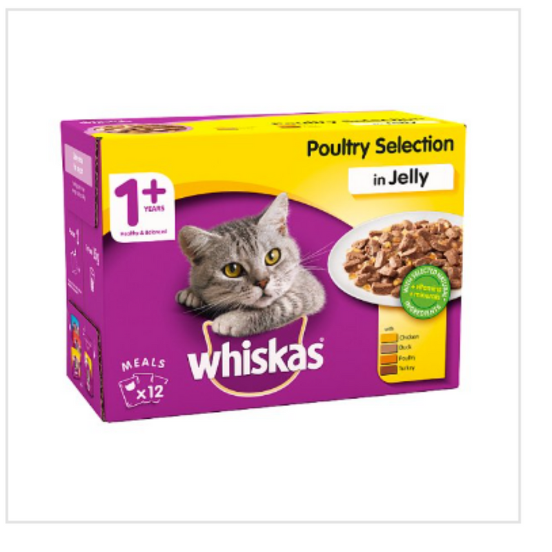 Whiskas Adult Wet Cat Food Pouches Poultry in Jelly 12 x 100g x Case of 4 - London Grocery