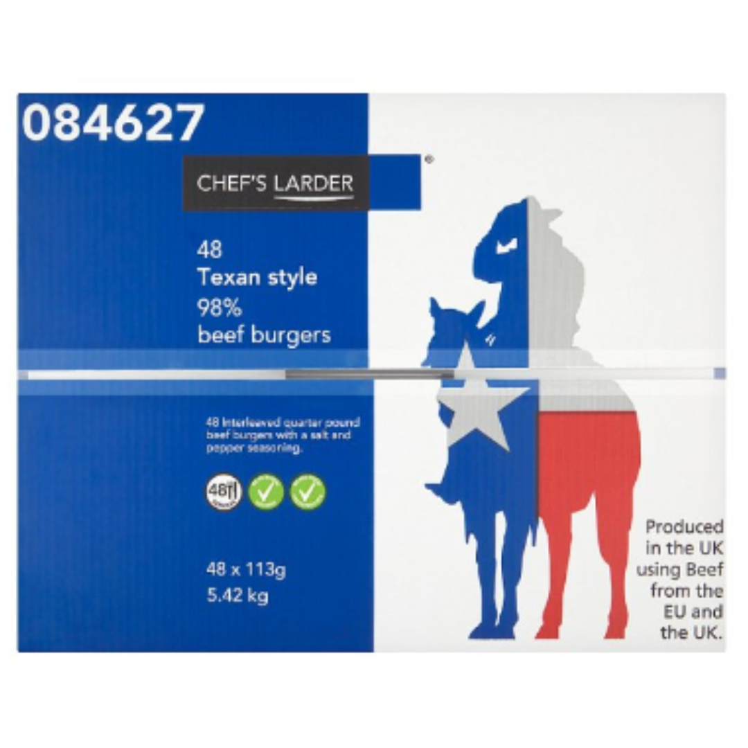 Buy Chef's Larder 48 Texan Style 98 Beef Burgers 5.42kg x 1 Pack London Grocery