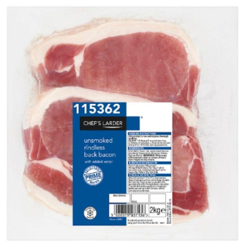 Chef's Larder Unsmoked Rindless Back Bacon 2kg x 5 Packs | London Grocery