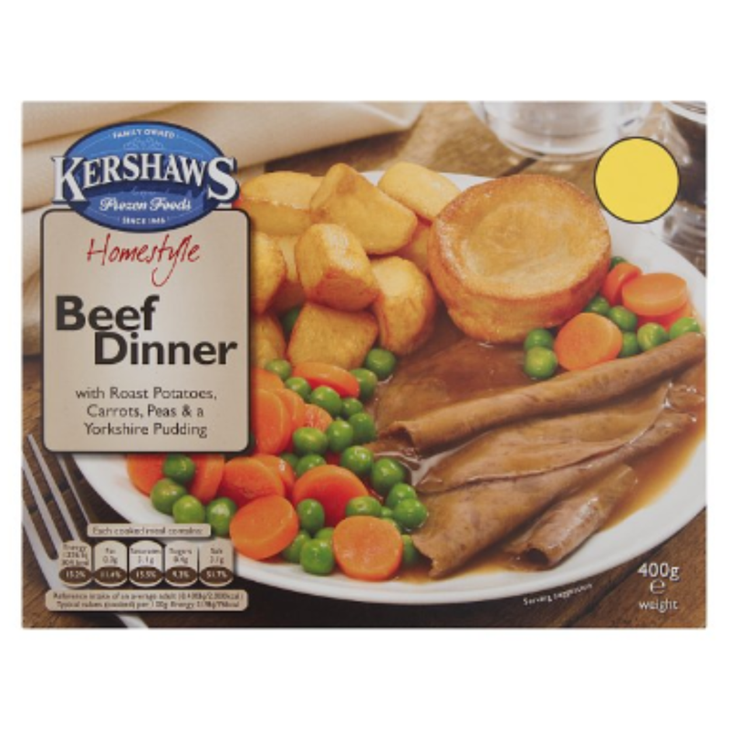 Kershaws Homestyle Beef Dinner with Roast Potatoes, Carrots, Peas & a Yorkshire Pudding 400g x 1 Pack | London Grocery