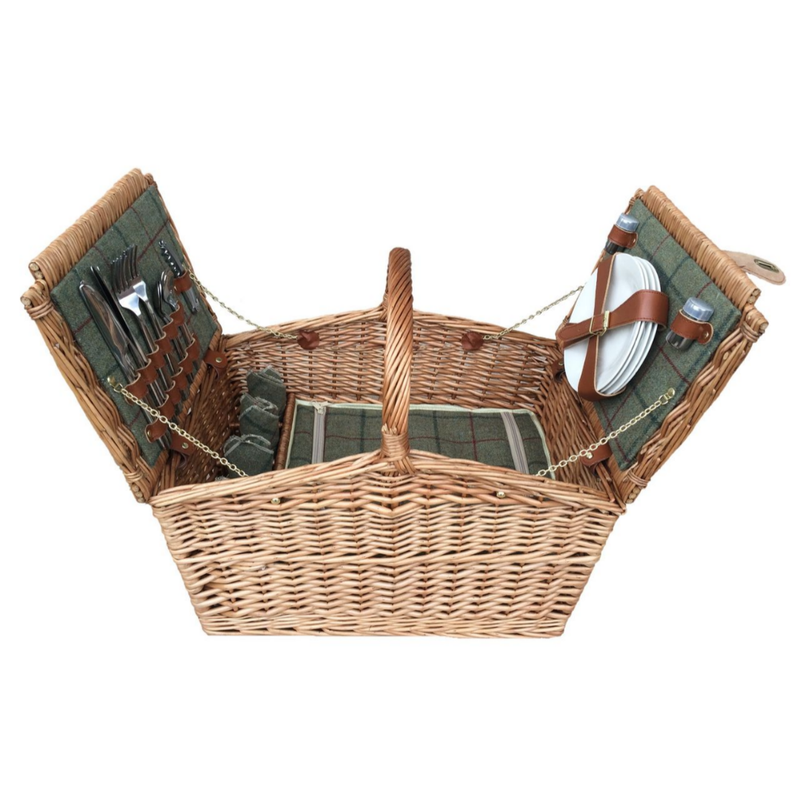 4 Person Green Tweed Double Lid Hamper | London Grocery