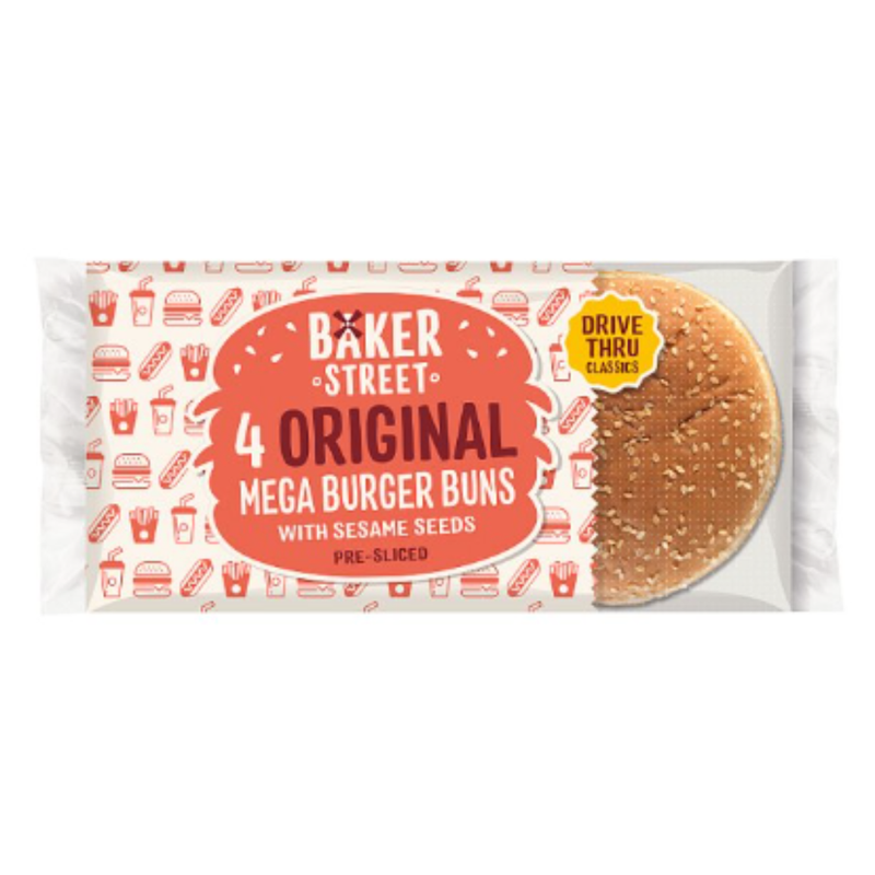 Baker Street 4 Original Mega Burger Buns with Sesame Seeds Pre-Sliced x Case of 1 - London Grocery