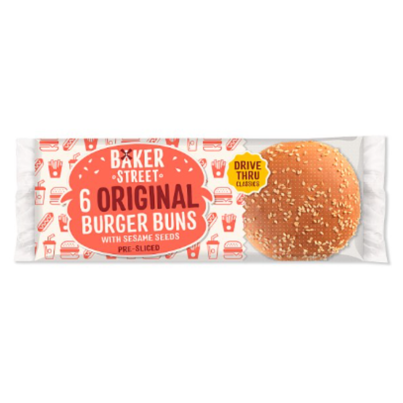 Baker Street 6 Original Burger Buns with Sesame Seeds Pre-Sliced x Case of 8 - London Grocery