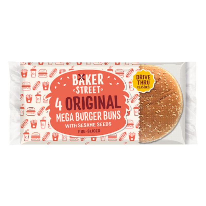 Baker Street 4 Original Mega Burger Buns with Sesame Seeds Pre-Sliced x Case of 7 - London Grocery