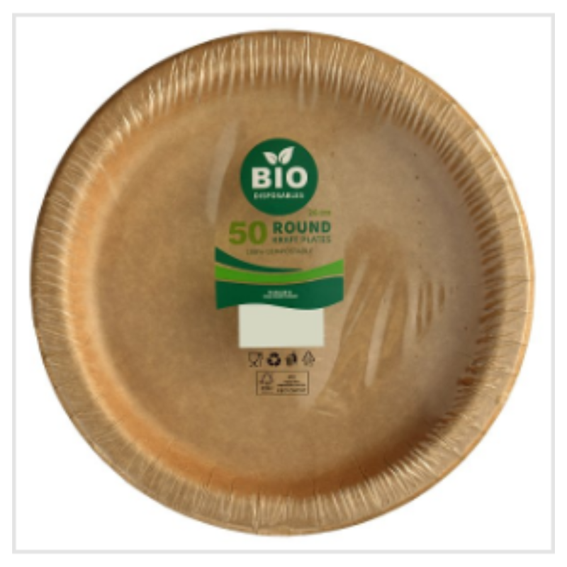 Bio Disposables 50 Round Kraft Plates 26cm |Eco Friendly | Case of 6 - London Grocery