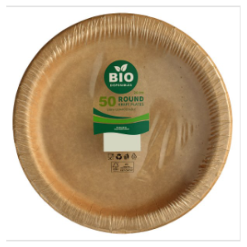 Bio Disposables 50 Round Kraft Plates 26cm| Case of 1 - London Grocery