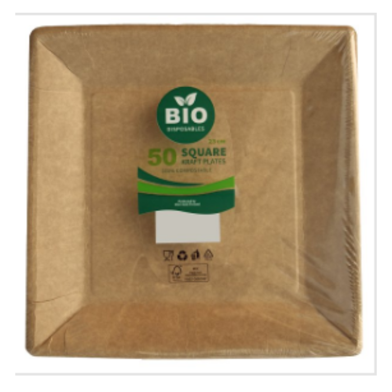 Bio Disposables 50 Square Kraft Plates 23cm |Eco Friendly| Case of 8 - London Grocery