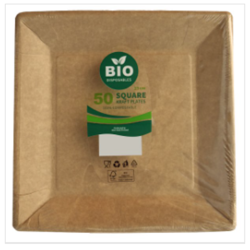 Bio Disposables 50 Square Kraft Plates 23cm | Case of 1 - London Grocery