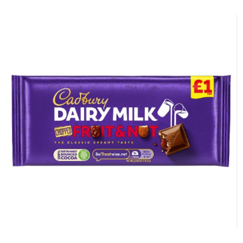 Cadbury Dairy Milk Fruit and Nut Chopped Chocolate Bar 95g x Case of 22 - London Grocery