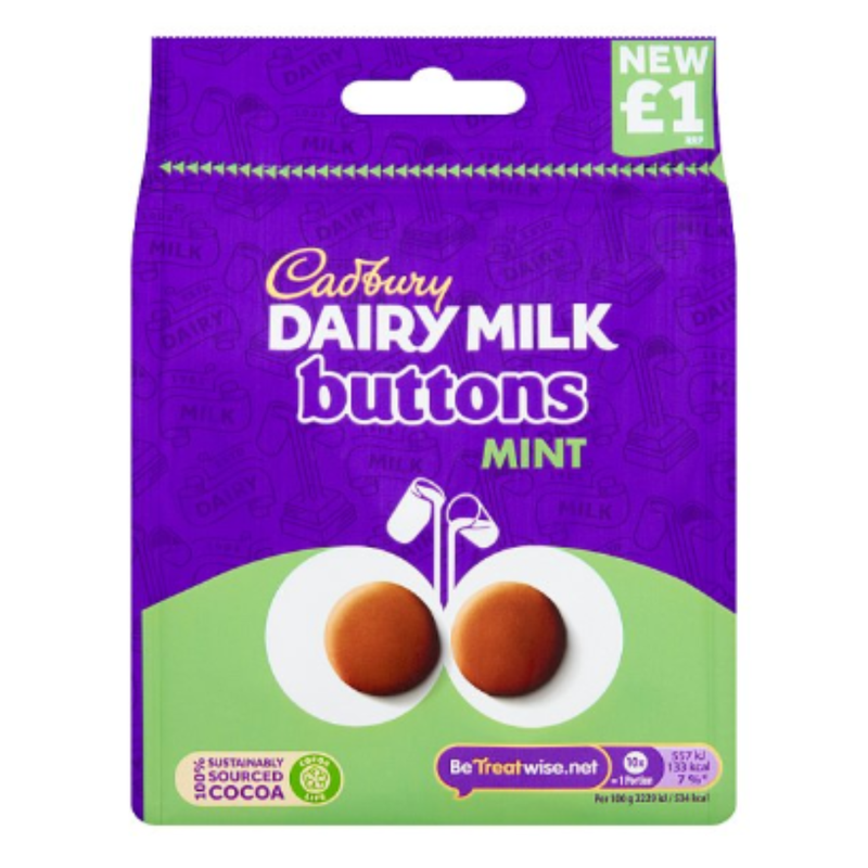 Cadbury Dairy Milk Buttons Mint Chocolate Bag 95g x  Case of 10 - London Grocery