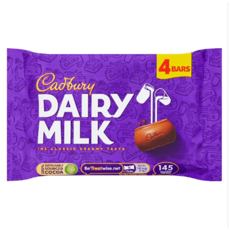 Cadbury Dairy Milk Chocolate Bar 4 Pack 108.8g x Case of 14 - London Grocery