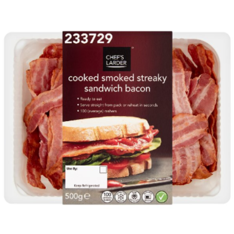 Chef's Larder Cooked Smoked Streaky Sandwich Bacon 500g x 6 - London Grocery
