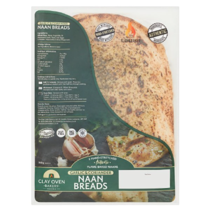 Clay Oven Bakery 2 Hand-Stretched Authentic Garlic & Coriander Naan Breads x Case of 10 - London Grocery