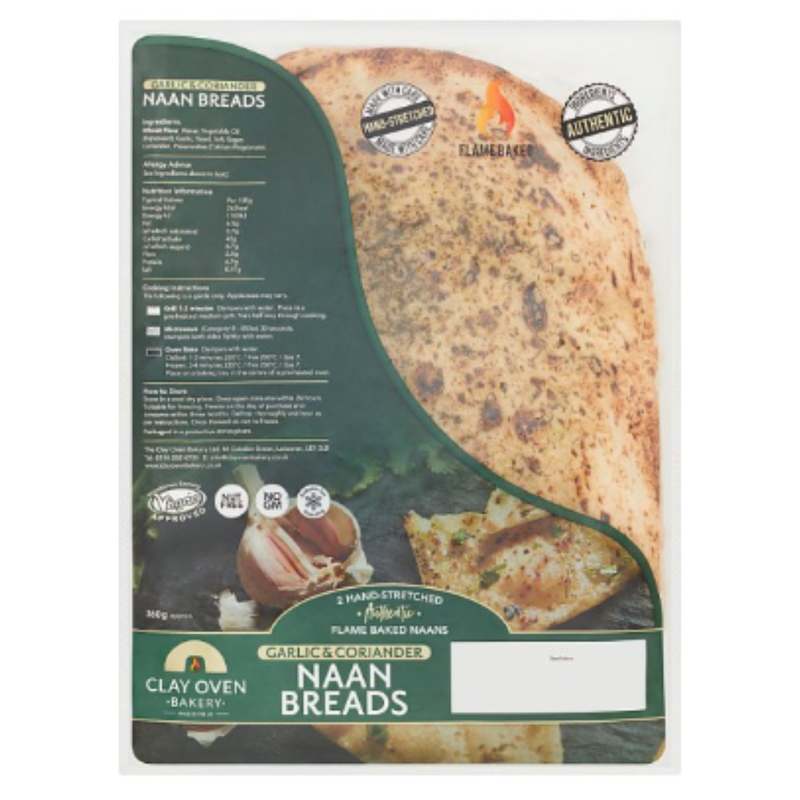 Clay Oven Bakery 2 Hand-Stretched Authentic Garlic & Coriander Naan Breads x Case of 1 - London Grocery