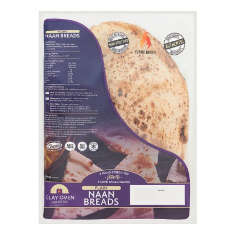 Clay Oven Bakery 2 Hand-Stretched Authentic Plain Naan Breads x Case of 1 - London Grocery
