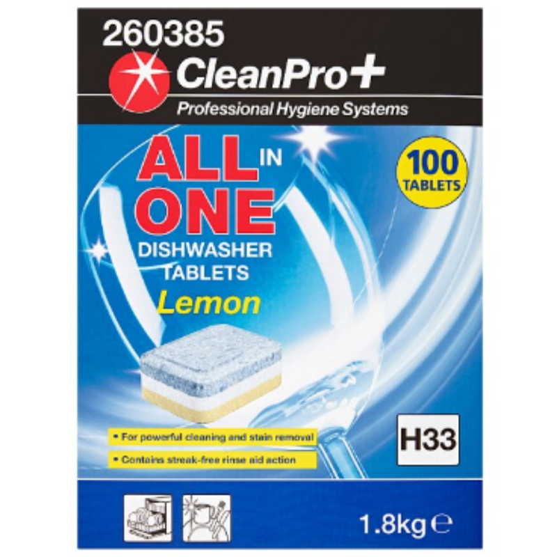 CleanPro+ All in One Dishwasher Tablets Lemon H33 100 Tablets 1.8kg x 8 - London Grocery