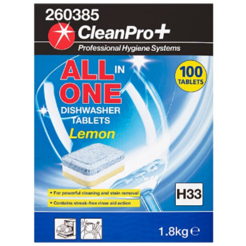 CleanPro+ All in One Dishwasher Tablets Lemon H33 100 Tablets 1.8kg x 1 - London Grocery