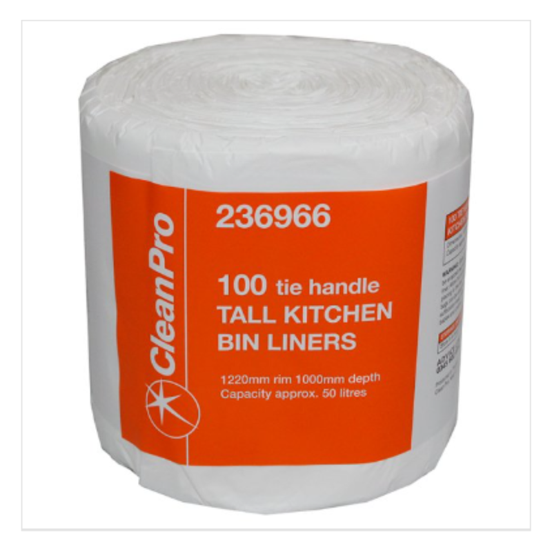 CleanPro 100 Tie Handle Tall Kitchen Bin Liners | Approx 100 per Case| Case of 1 - London Grocery