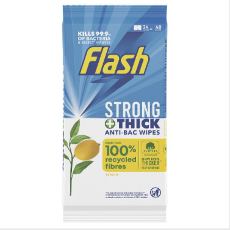 Flash Strong & Thick Antibacterial Wipes Made of 100% Recycled Fibres With Lemon Scent 24 x Case of 8 - London Grocery