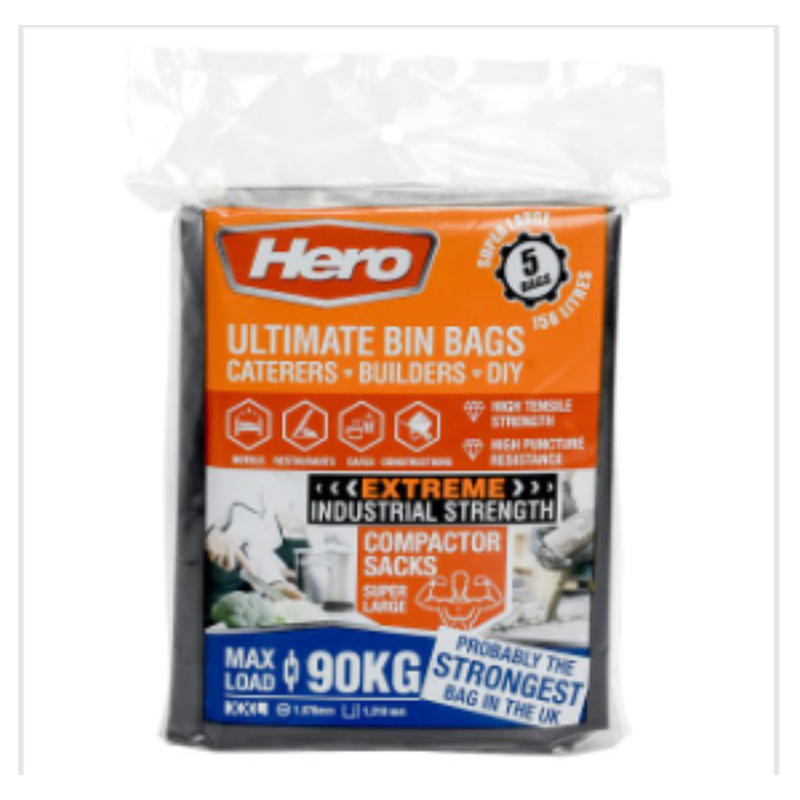 Hero 5 Ultimate Bin Bags 158 Litres | Approx 50 per Case| Case of 1 - London Grocery