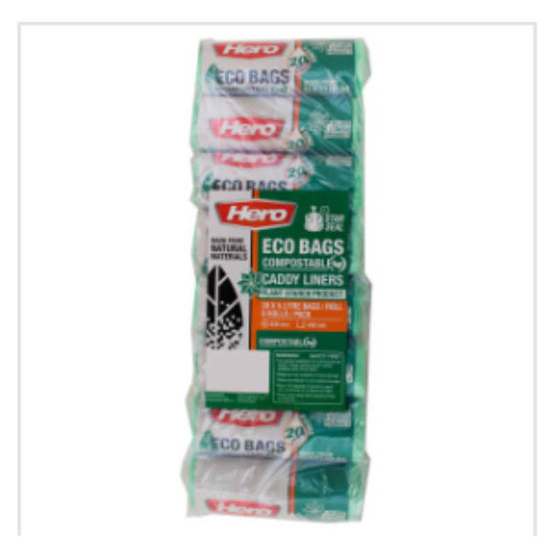 Hero Eco Bags Compostable Caddy Liners 20 x 5 Litre Bags/Roll 8 Rolls/Pack | Approx 8 per Case| Case of 40 - London Grocery