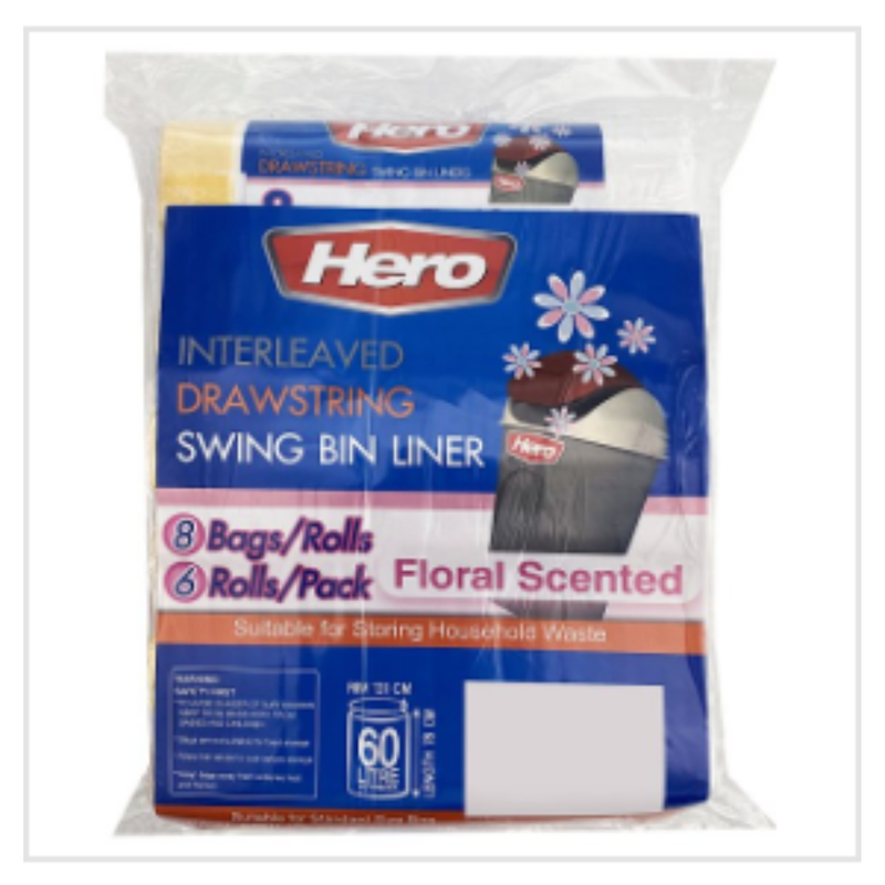 Hero Interleaved Drawstring Swing Bin Liner Floral Scented 8 Bags/Rolls | Approx 6 per Case| Case of 24 - London Grocery