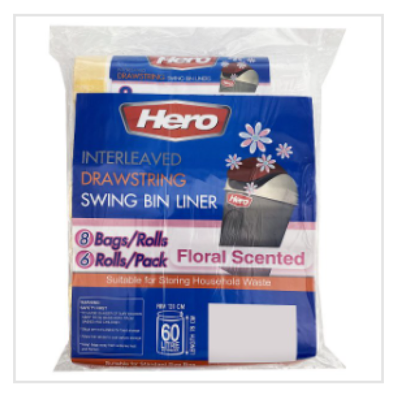Hero Interleaved Drawstring Swing Bin Liner Floral Scented 8 Bags/Rolls | Approx 6 per Case| Case of 6 - London Grocery