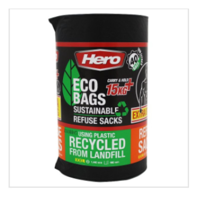 Hero 40 Eco Bags Sustainable Refuse Sacks Extra Strong 100 Litres | Approx 40 per Case| Case of 6 - London Grocery