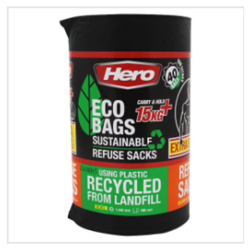 Hero 40 Eco Bags Sustainable Refuse Sacks Extra Strong 100 Litres | Approx 40 per Case| Case of 1 - London Grocery