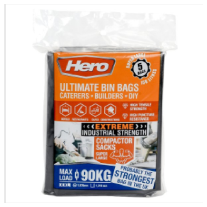 Hero 5 Ultimate Bin Bags 158 Litres | Approx 5 per Case| Case of 10 - London Grocery