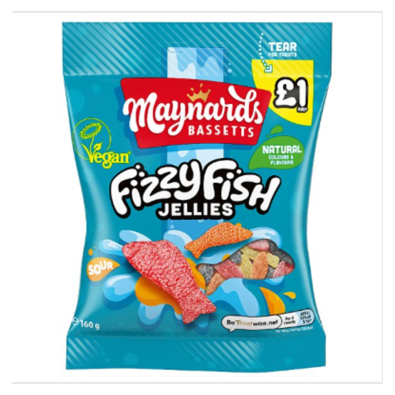 Maynards Bassetts Soft Jellies Fizzy Fish Sweets Bag 160g x Case of 12 - London Grocery