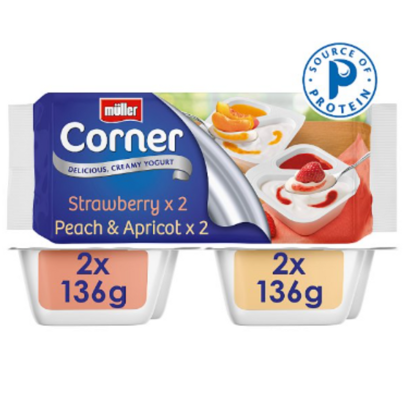 Müller Corner Strawberry and Peach & Apricot Yogurts  (544g) x 3 - London Grocery