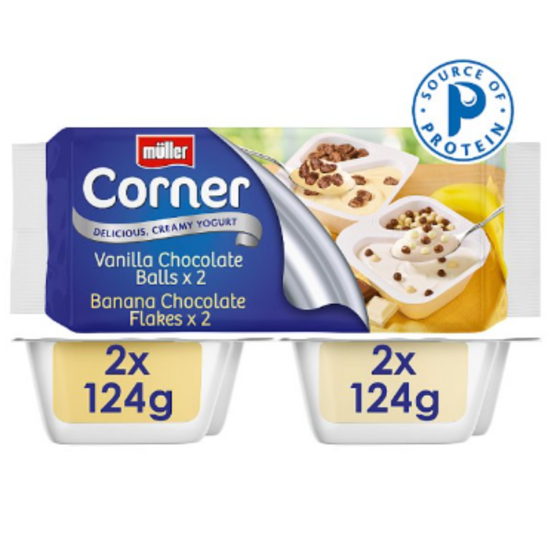 Müller Corner Vanilla Chocolate Balls and Banana Chocolate Flakes Yogurts (496g) x 3 - London Grocery