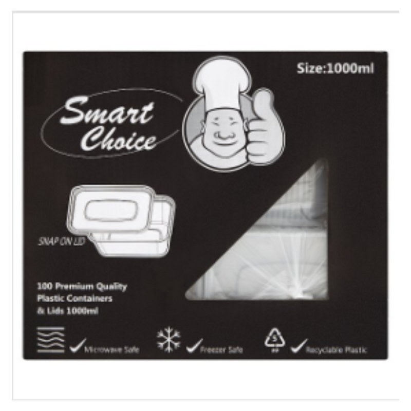 Smart Choice 100 Premium Quality Plastic Containers & Lids 1000ml x Case of 1 - London Grocery