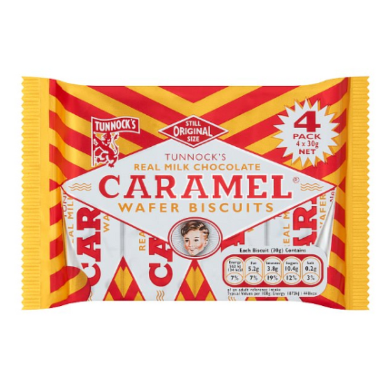 Tunnock's Real Milk Chocolate Caramel Wafer Biscuits 4 x 30g x Case of 20 - London Grocery