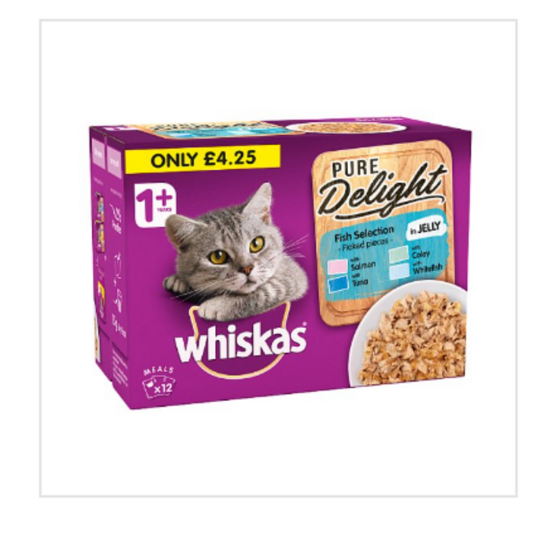 Whiskas Pure Delight Cat Food Pouches Fish in Jelly 12 x 85g x Case of 4 - London Grocery