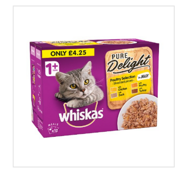Whiskas Pure Delight Cat Food Pouches Poultry in Jelly 12 x 85g x Case of 4 - London Grocery