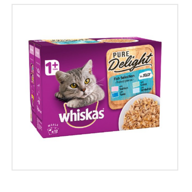 Whiskas Pure Delight Adult 1+ Wet Cat Food Pouches Mixed Fish Selection in Jelly 12 x 85g x Case of 4 - London Grocery