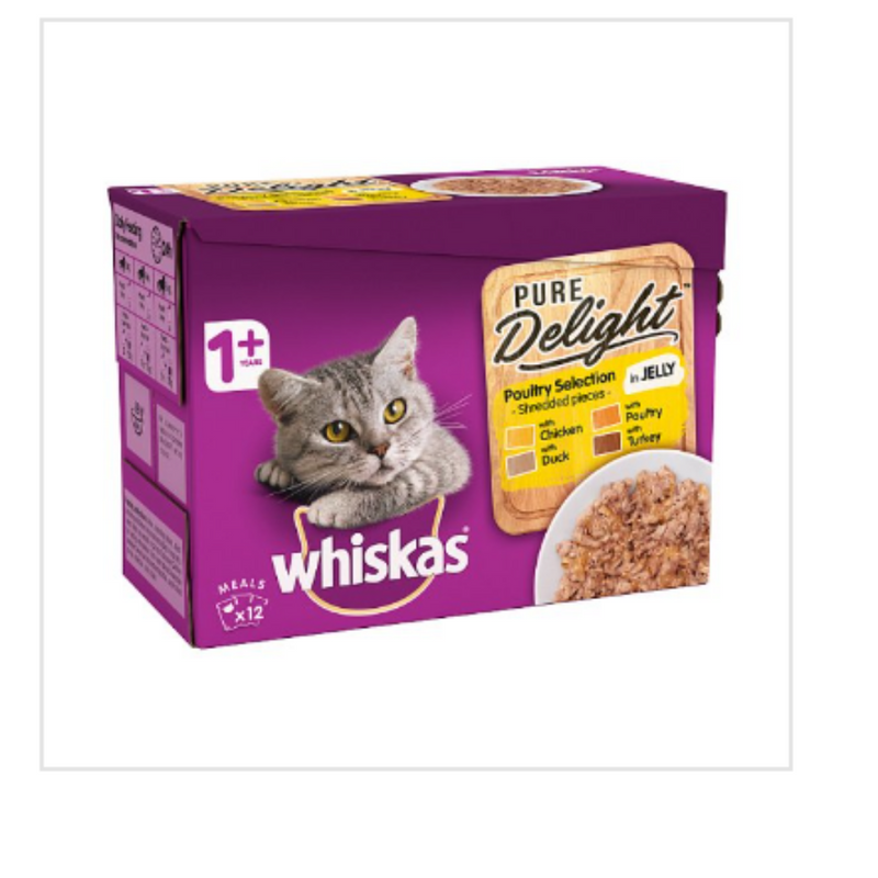 Whiskas Pure Delight Adult Cat Food Pouches Poultry in Jelly 12 x 85g x Case of 4 - London Grocery
