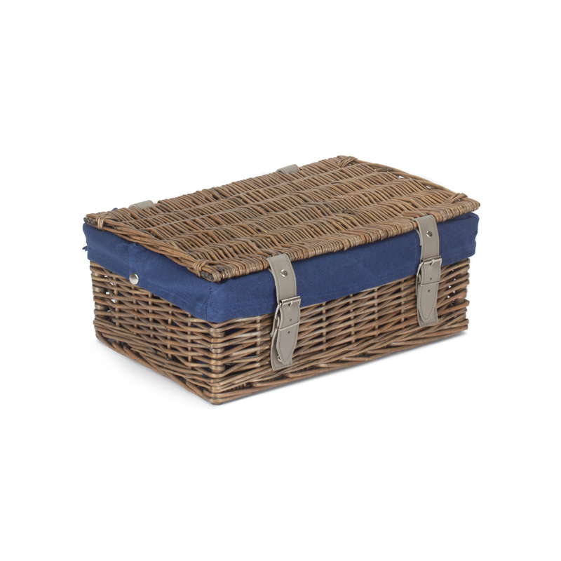 14 Inch Empty Wicker Hamper Basket - Antique Wash - Navy Blue Lining | London Grocery