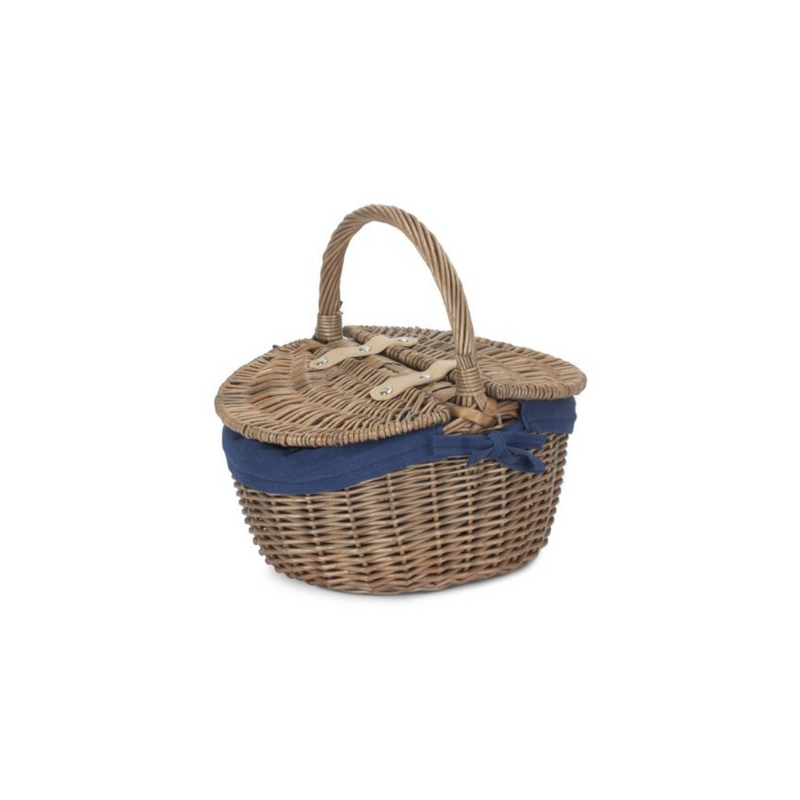 Small Antique Wash Finish Oval Picnic Basket With Navy Blue Lining | London Grocery