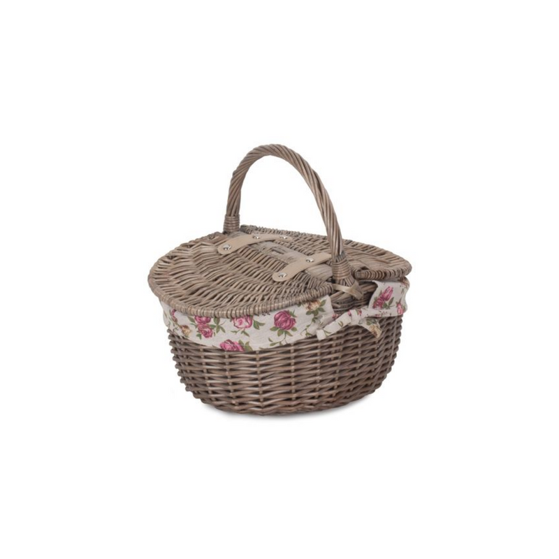 Small Antique Wash Finish Oval Picnic Basket With Garden Rose Lining | London Grocery