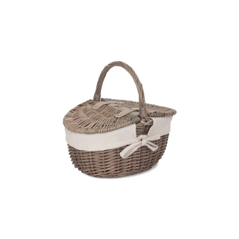 Small Antique Wash Finish Oval Picnic Basket With White Lining | London Grocery