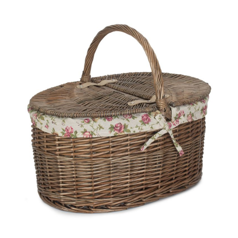 Deep Antique Wash Oval Picnic Basket With Garden Rose Lining | London Grocery