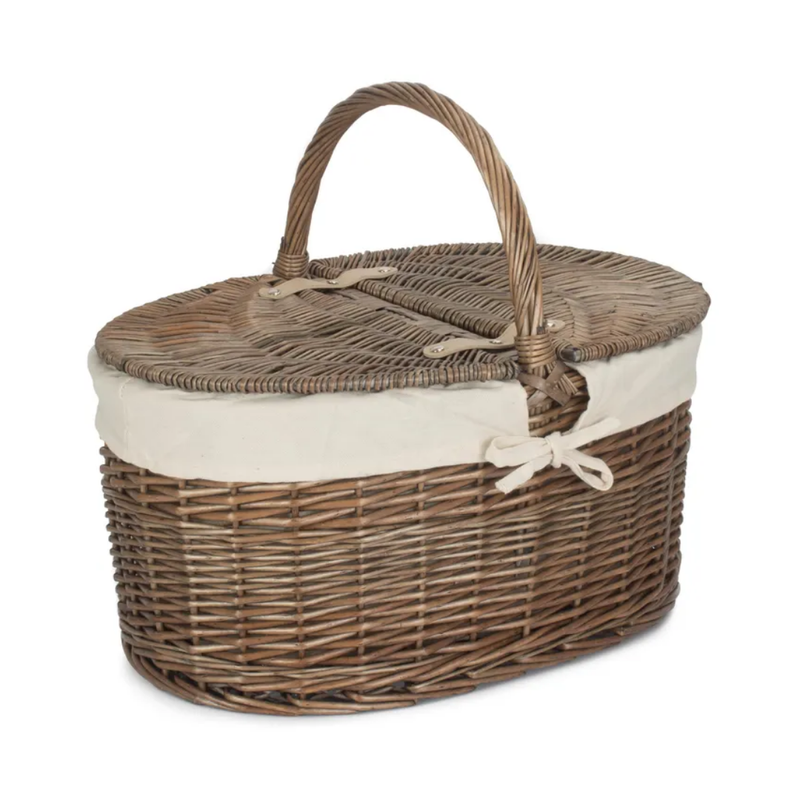 Deep Antique Wash Oval Picnic Basket With White Lining | London Grocery