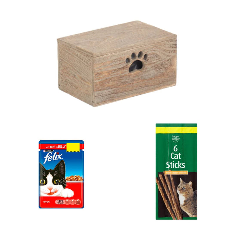 FELIX Purrfect Beef and Stick Cat Box | 3 Ingredients | Wooden Cat Food Tray | 2x Happy Shopper 6 Cat Sticks 30g | FELIX Beef In Jelly Wet Cat Food 100g x 40 | London Grocery