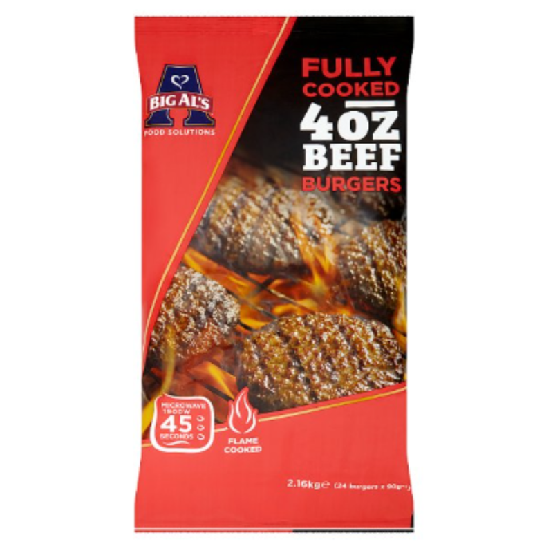 Big Al's Fully Cooked 4oz Beef Burgers 24 x 90g (2.16kg) x 2 Packs | London Grocery