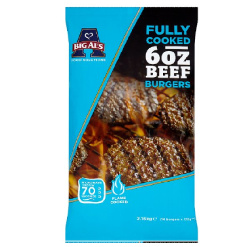 Big Al's Fully Cooked 6oz Beef Burgers 16 x 135g (2.16kg) x 2 Packs | London Grocery