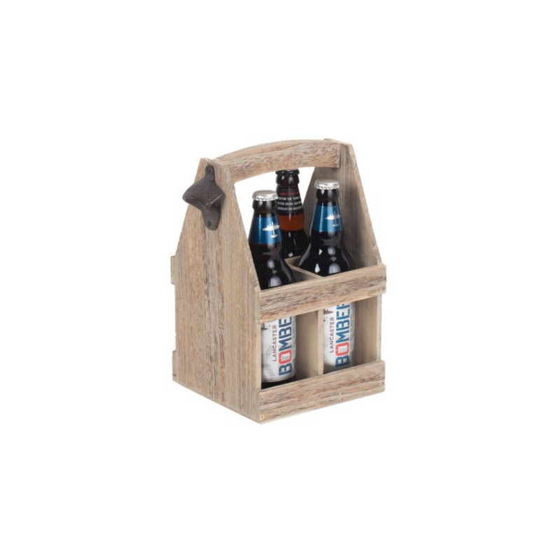 Oak Effect 4 Beer Bottle Carrier With Bottle Opener | London Grocery